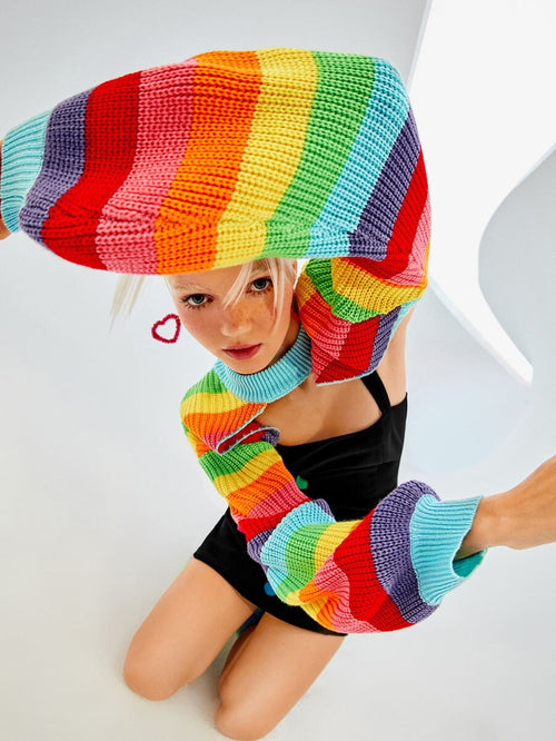 Rainbow Striped Pattern Lantern Sleeve Shrug Sweater In Fall/Winter