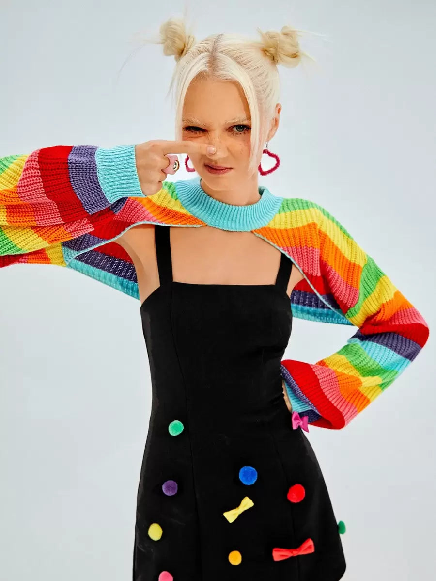 Rainbow Striped Pattern Lantern Sleeve Shrug Sweater In Fall/Winter