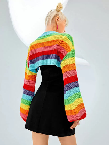 Rainbow Striped Pattern Lantern Sleeve Shrug Sweater In Fall/Winter