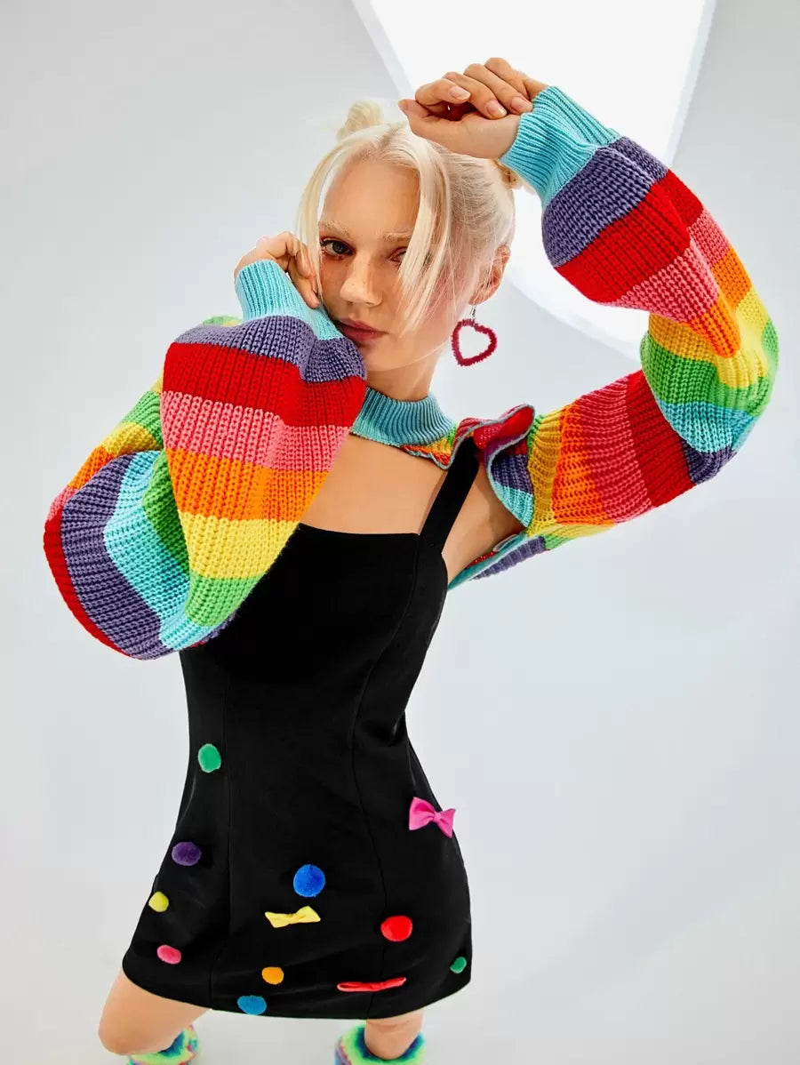 Rainbow Striped Pattern Lantern Sleeve Shrug Sweater In Fall/Winter