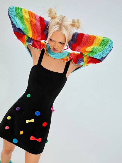 Rainbow Striped Pattern Lantern Sleeve Shrug Sweater In Fall/Winter