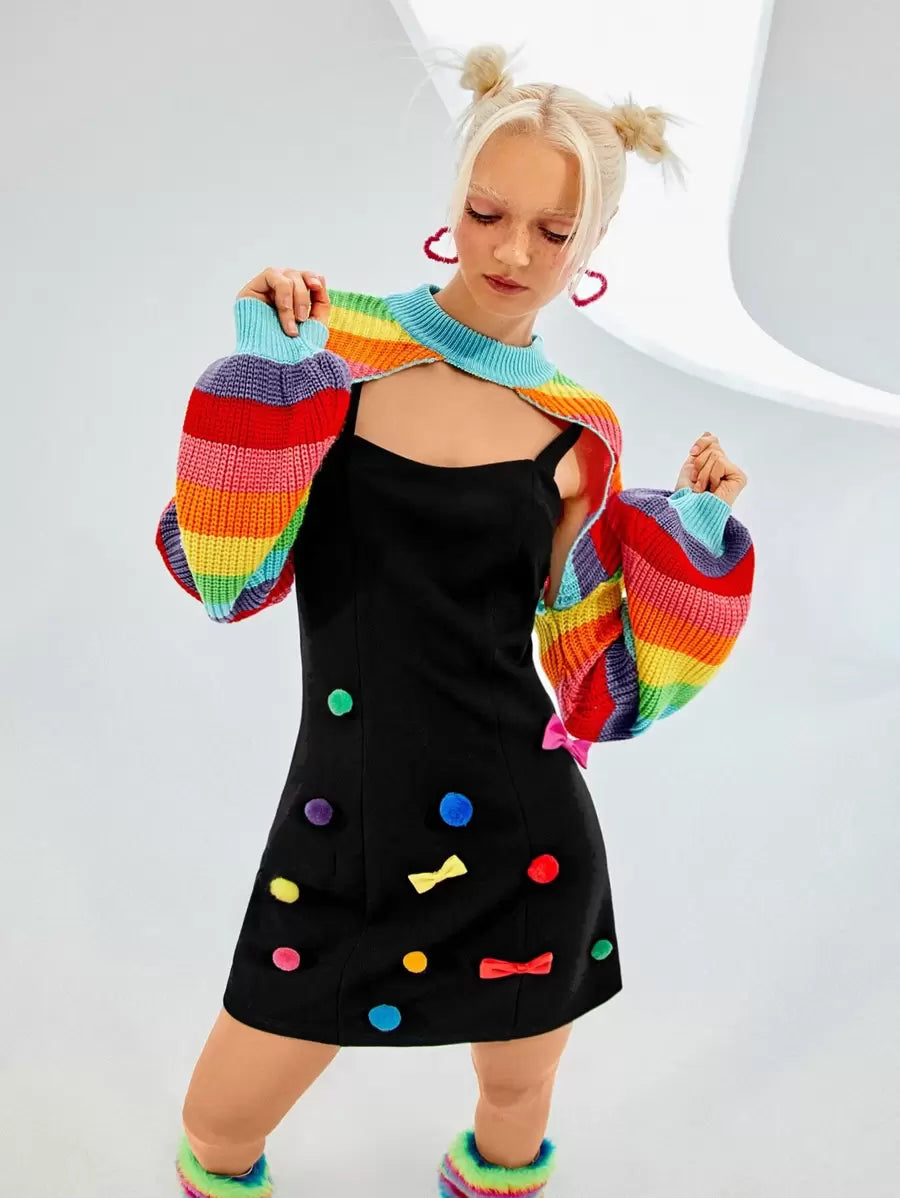 Rainbow Striped Pattern Lantern Sleeve Shrug Sweater In Fall/Winter