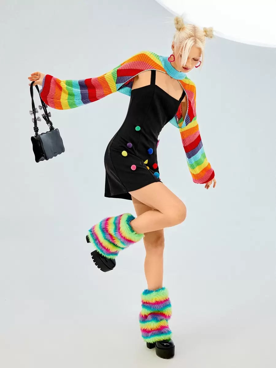 Rainbow Striped Pattern Lantern Sleeve Shrug Sweater In Fall/Winter