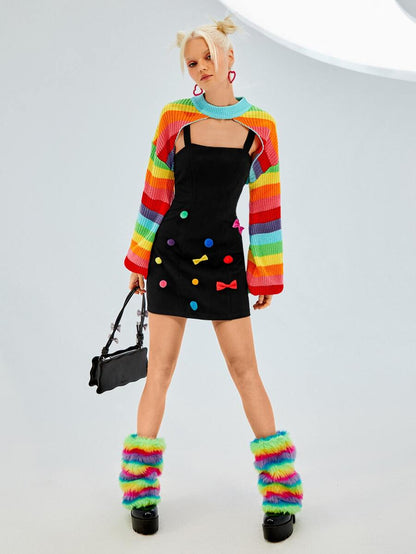 Rainbow Striped Pattern Lantern Sleeve Shrug Sweater In Fall/Winter