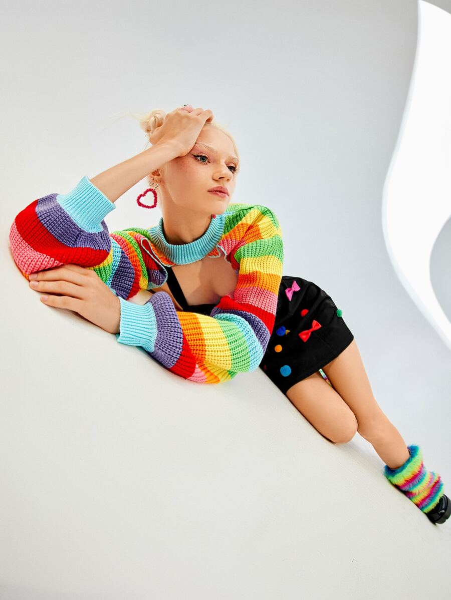 Rainbow Striped Pattern Lantern Sleeve Shrug Sweater In Fall/Winter