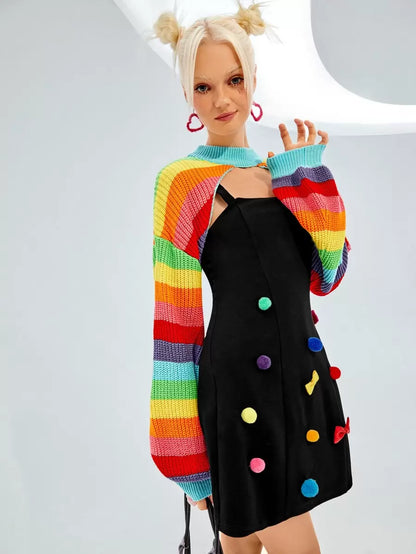 Rainbow Striped Pattern Lantern Sleeve Shrug Sweater In Fall/Winter