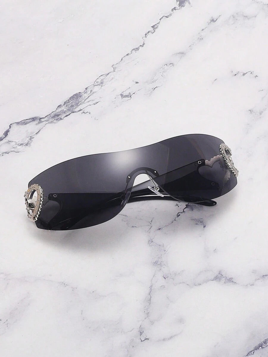 Frameless Metal Heart Decor Y2K Glasses, Women's Oversized Wrap, For Beach Party, Festival, Vacation, Preppy Back To School Style