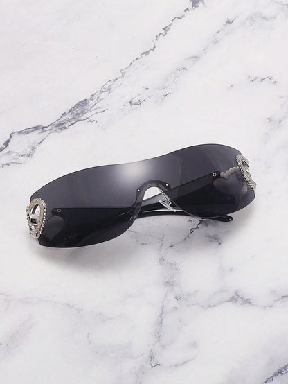 Frameless Metal Heart Decor Y2K Glasses, Women's Oversized Wrap, For Beach Party, Festival, Vacation, Preppy Back To School Style