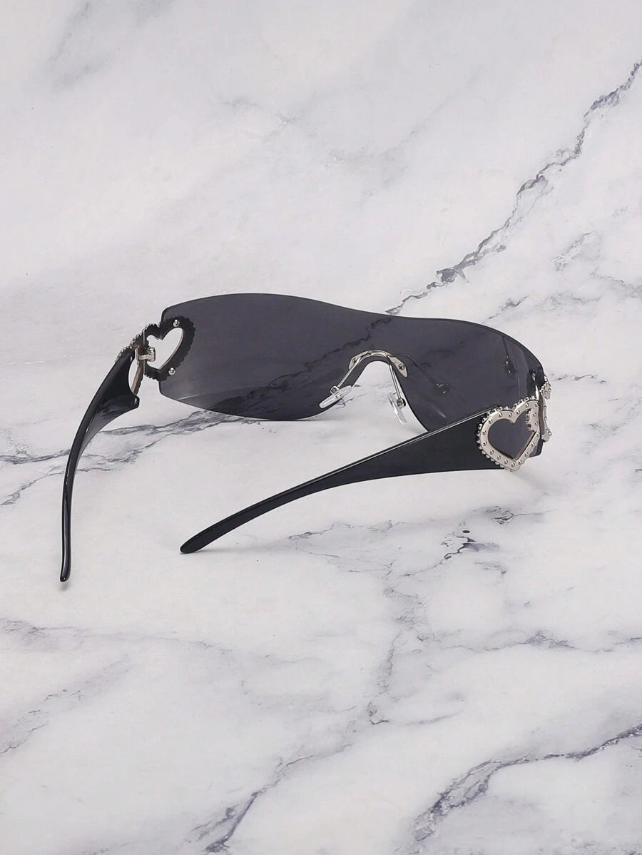 Frameless Metal Heart Decor Y2K Glasses, Women's Oversized Wrap, For Beach Party, Festival, Vacation, Preppy Back To School Style