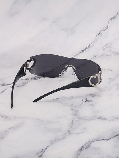 Frameless Metal Heart Decor Y2K Glasses, Women's Oversized Wrap, For Beach Party, Festival, Vacation, Preppy Back To School Style