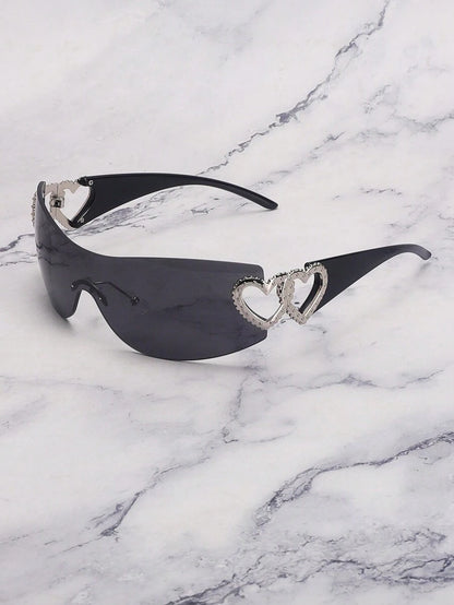 Frameless Metal Heart Decor Y2K Glasses, Women's Oversized Wrap, For Beach Party, Festival, Vacation, Preppy Back To School Style