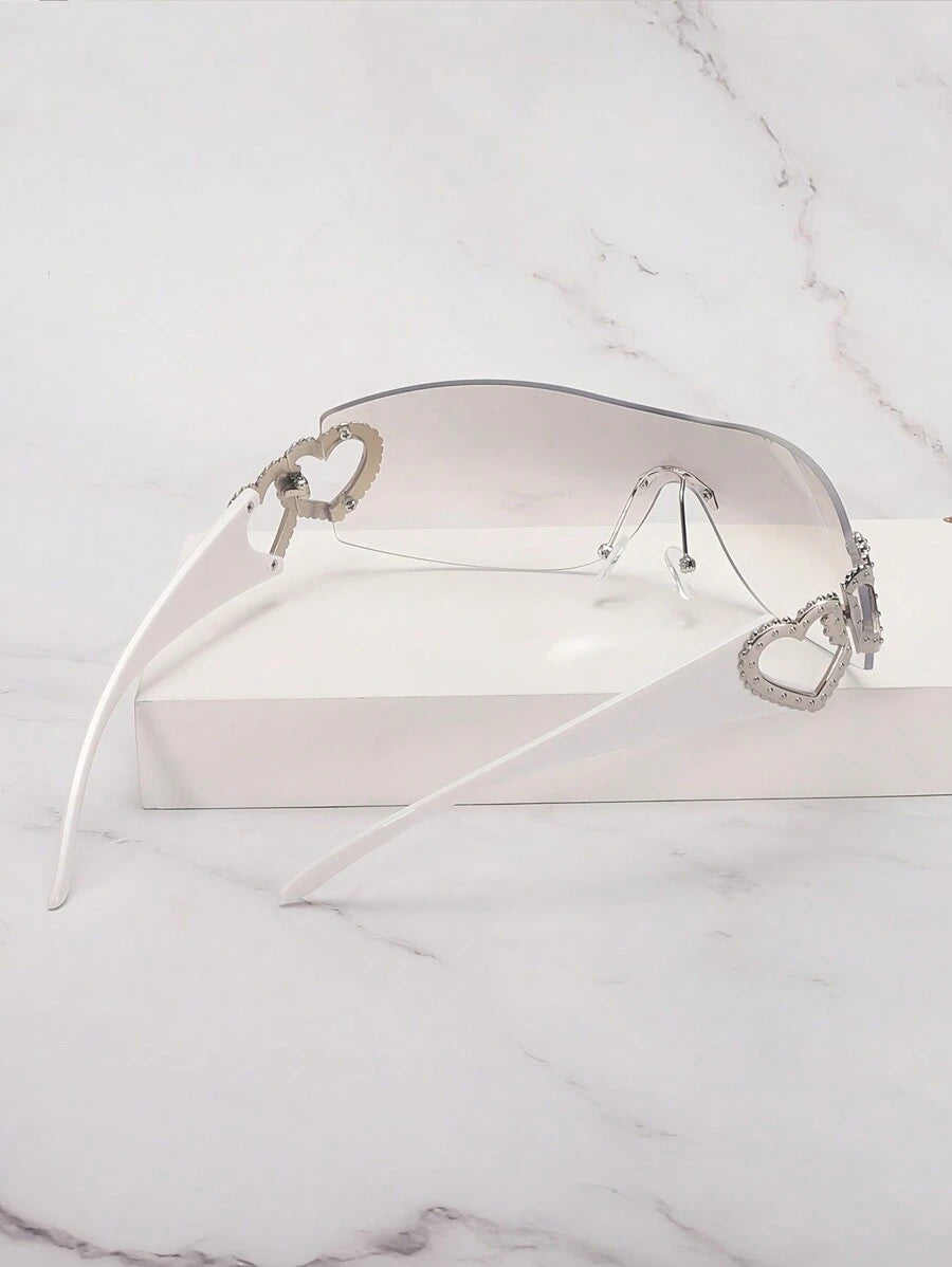 Frameless Metal Heart Decor Y2K Glasses, Women's Oversized Wrap, For Beach Party, Festival, Vacation, Preppy Back To School Style