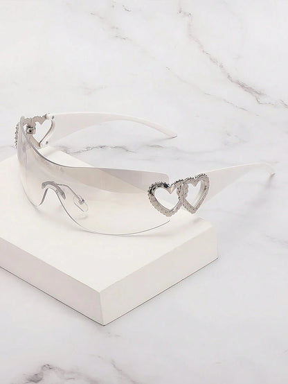 Frameless Metal Heart Decor Y2K Glasses, Women's Oversized Wrap, For Beach Party, Festival, Vacation, Preppy Back To School Style