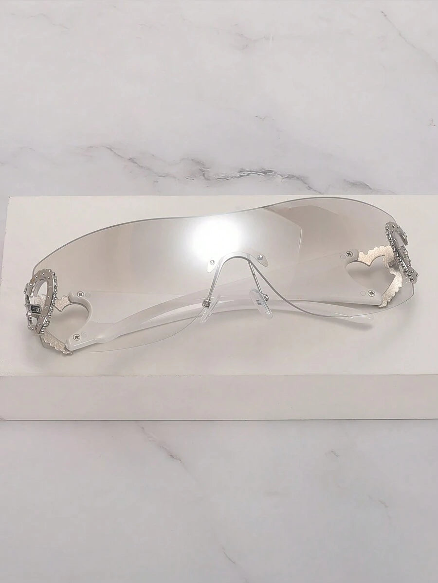 Frameless Metal Heart Decor Y2K Glasses, Women's Oversized Wrap, For Beach Party, Festival, Vacation, Preppy Back To School Style