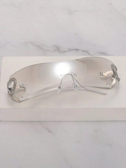 Frameless Metal Heart Decor Y2K Glasses, Women's Oversized Wrap, For Beach Party, Festival, Vacation, Preppy Back To School Style