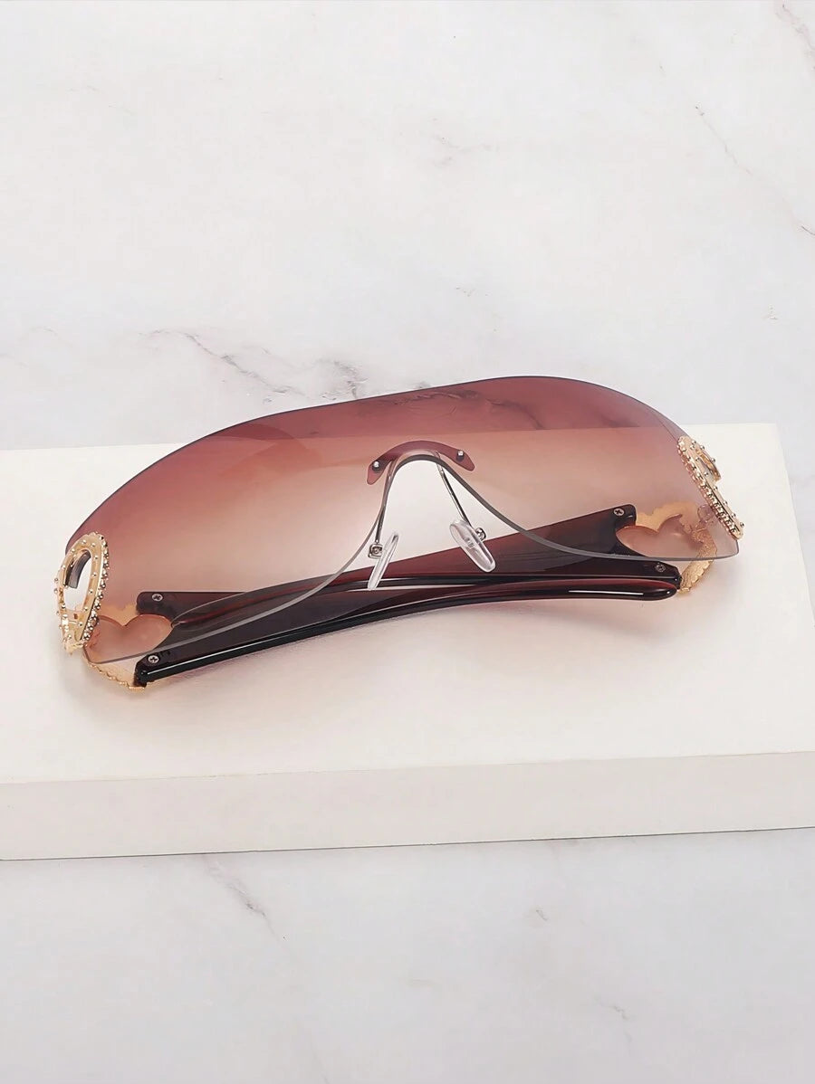 Frameless Metal Heart Decor Y2K Glasses, Women's Oversized Wrap, For Beach Party, Festival, Vacation, Preppy Back To School Style