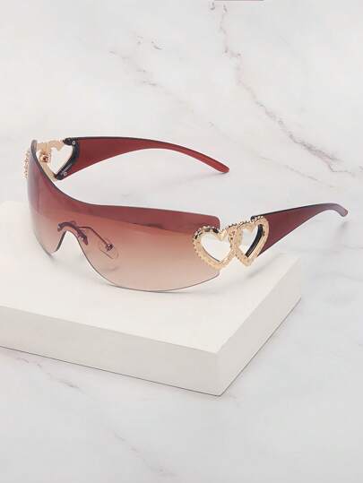 Frameless Metal Heart Decor Y2K Glasses, Women's Oversized Wrap, For Beach Party, Festival, Vacation, Preppy Back To School Style