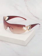 Frameless Metal Heart Decor Y2K Glasses, Women's Oversized Wrap, For Beach Party, Festival, Vacation, Preppy Back To School Style