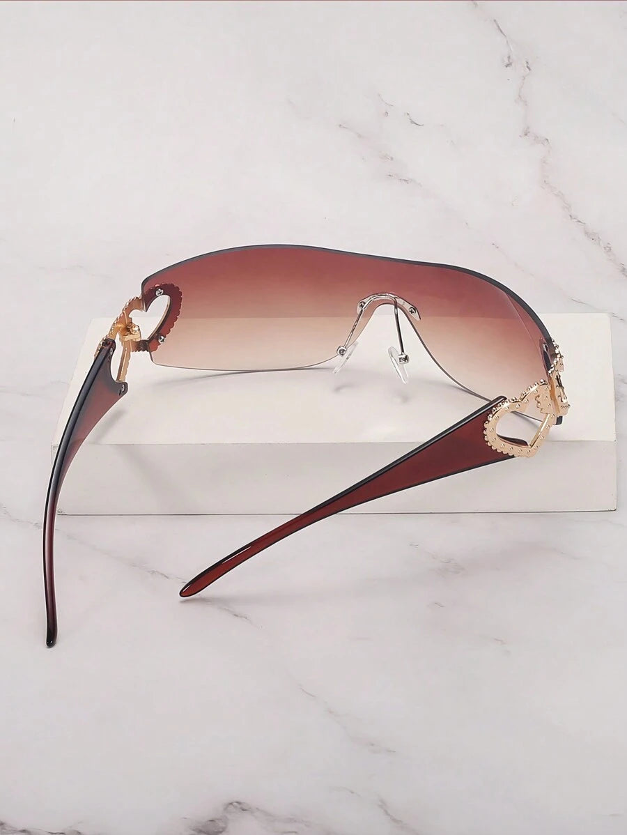 Frameless Metal Heart Decor Y2K Glasses, Women's Oversized Wrap, For Beach Party, Festival, Vacation, Preppy Back To School Style