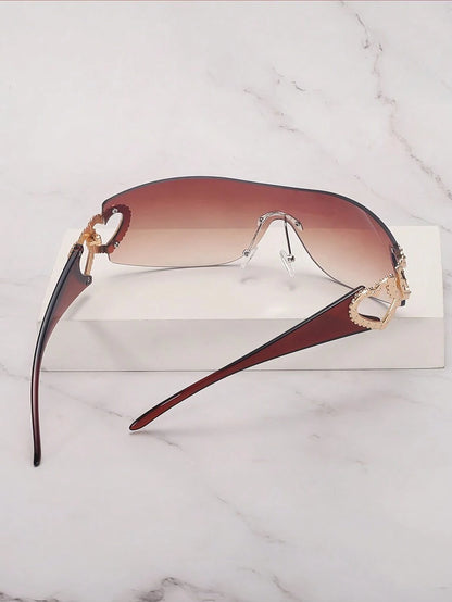Frameless Metal Heart Decor Y2K Glasses, Women's Oversized Wrap, For Beach Party, Festival, Vacation, Preppy Back To School Style