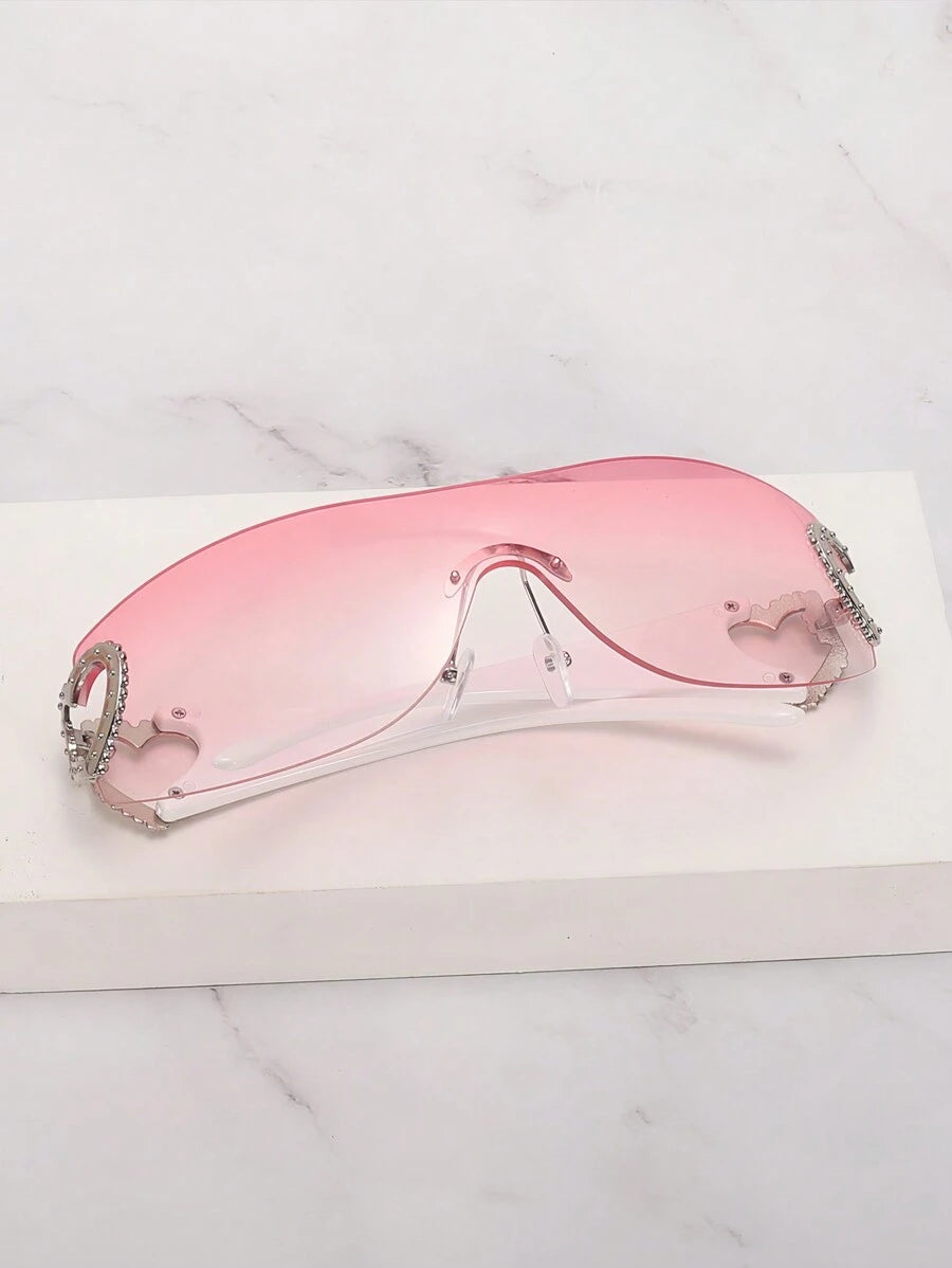 Frameless Metal Heart Decor Y2K Glasses, Women's Oversized Wrap, For Beach Party, Festival, Vacation, Preppy Back To School Style