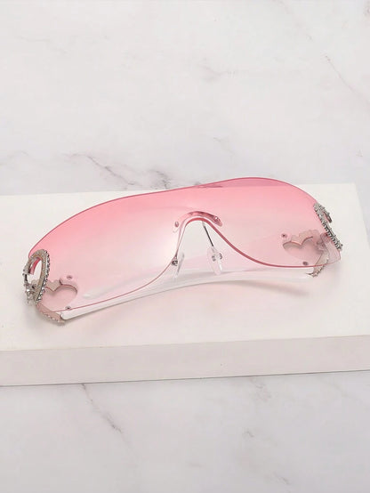 Frameless Metal Heart Decor Y2K Glasses, Women's Oversized Wrap, For Beach Party, Festival, Vacation, Preppy Back To School Style