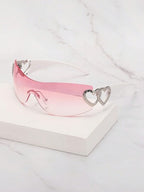Frameless Metal Heart Decor Y2K Glasses, Women's Oversized Wrap, For Beach Party, Festival, Vacation, Preppy Back To School Style