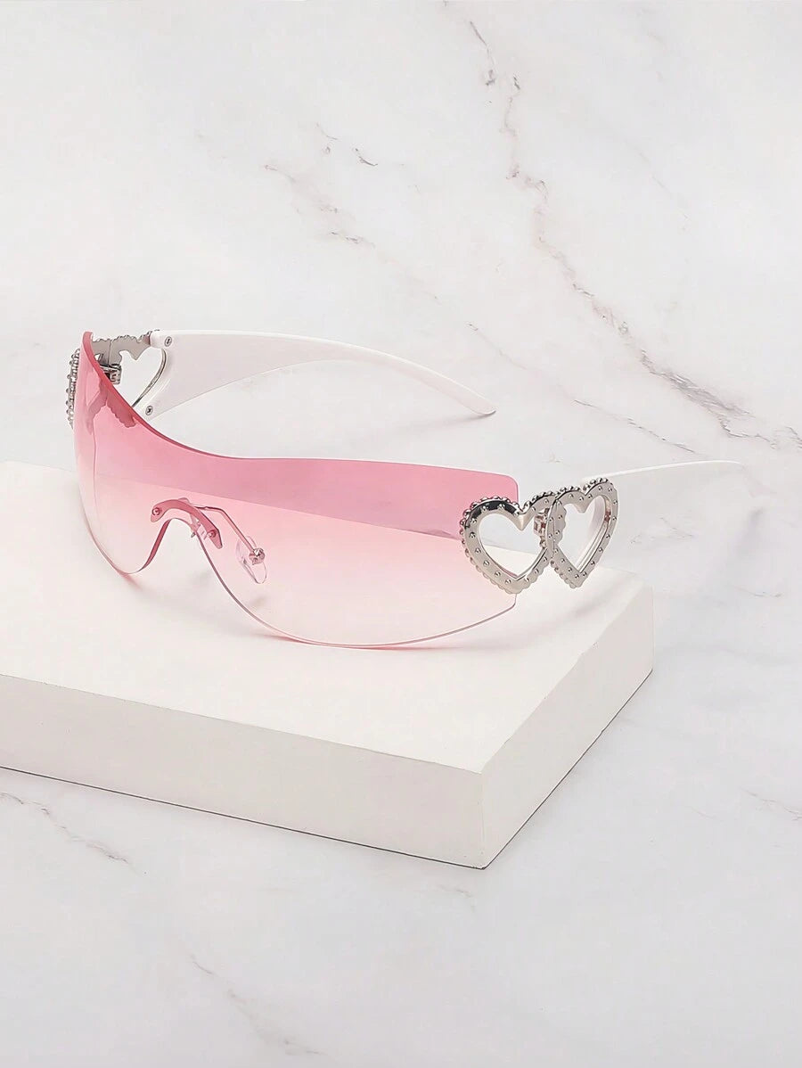 Frameless Metal Heart Decor Y2K Glasses, Women's Oversized Wrap, For Beach Party, Festival, Vacation, Preppy Back To School Style
