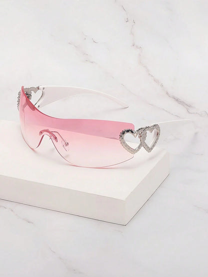 Frameless Metal Heart Decor Y2K Glasses, Women's Oversized Wrap, For Beach Party, Festival, Vacation, Preppy Back To School Style