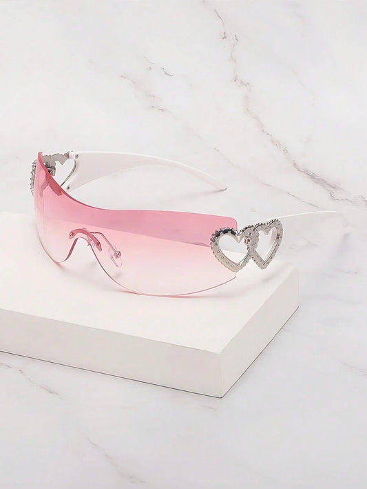 Frameless Metal Heart Decor Y2K Glasses, Women's Oversized Wrap, For Beach Party, Festival, Vacation, Preppy Back To School Style