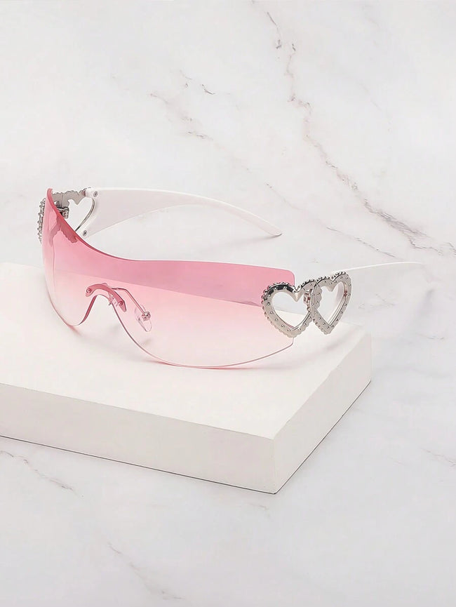Frameless Metal Heart Decor Y2K Glasses, Women's Oversized Wrap, For Beach Party, Festival, Vacation, Preppy Back To School Style Hover Image