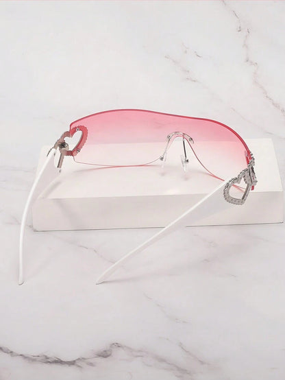Frameless Metal Heart Decor Y2K Glasses, Women's Oversized Wrap, For Beach Party, Festival, Vacation, Preppy Back To School Style