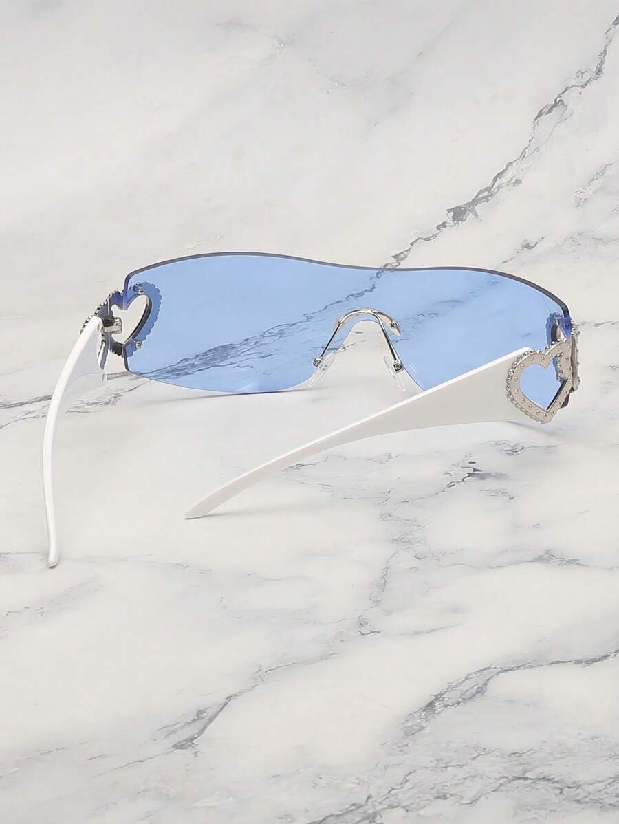 Frameless Metal Heart Decor Y2K Glasses, Women's Oversized Wrap, For Beach Party, Festival, Vacation, Preppy Back To School Style