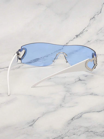 Frameless Metal Heart Decor Y2K Glasses, Women's Oversized Wrap, For Beach Party, Festival, Vacation, Preppy Back To School Style