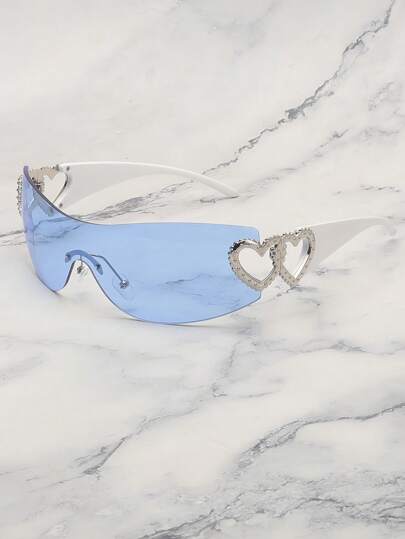 Frameless Metal Heart Decor Y2K Glasses, Women's Oversized Wrap, For Beach Party, Festival, Vacation, Preppy Back To School Style