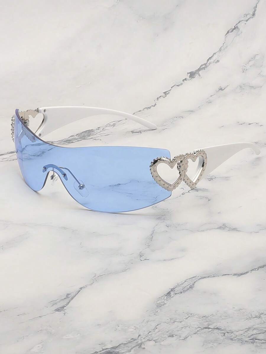 Frameless Metal Heart Decor Y2K Glasses, Women's Oversized Wrap, For Beach Party, Festival, Vacation, Preppy Back To School Style