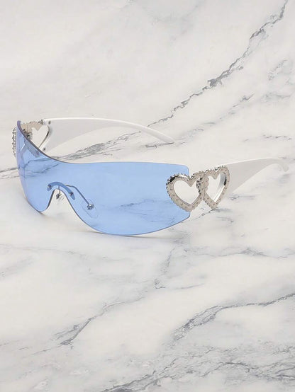 Frameless Metal Heart Decor Y2K Glasses, Women's Oversized Wrap, For Beach Party, Festival, Vacation, Preppy Back To School Style