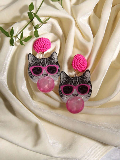 Pink Snail Funny Cute Statement Bubble Blowing Glasses Wearing Cat Design Acrylic Resin Drop Dangle Earrings For Women And Girls, Holidays, Valentines, Christmas, New Year, Birthday Gifts, Fashion Jewelry