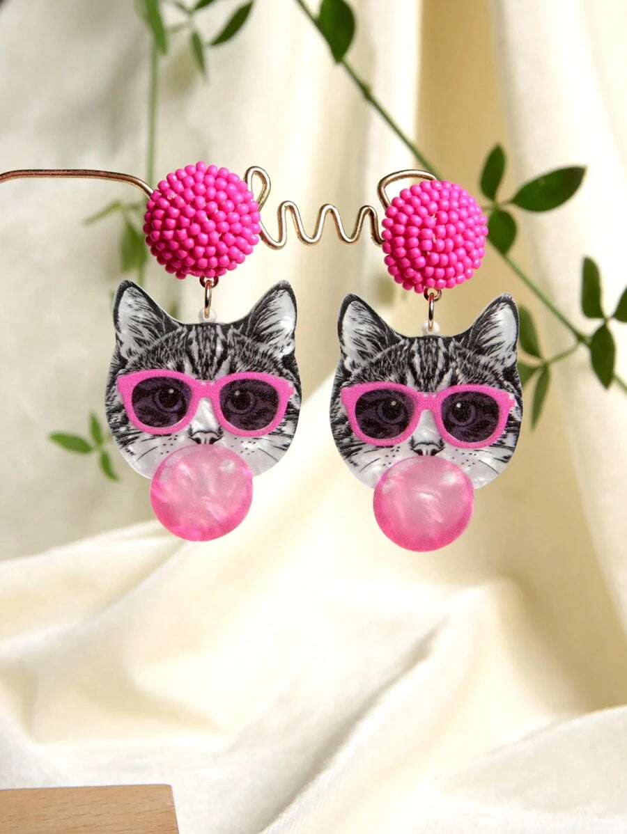 Pink Snail Funny Cute Statement Bubble Blowing Glasses Wearing Cat Design Acrylic Resin Drop Dangle Earrings For Women And Girls, Holidays, Valentines, Christmas, New Year, Birthday Gifts, Fashion Jewelry