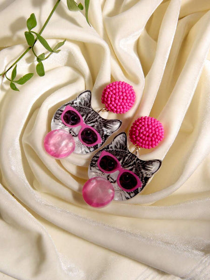 Pink Snail Funny Cute Statement Bubble Blowing Glasses Wearing Cat Design Acrylic Resin Drop Dangle Earrings For Women And Girls, Holidays, Valentines, Christmas, New Year, Birthday Gifts, Fashion Jewelry