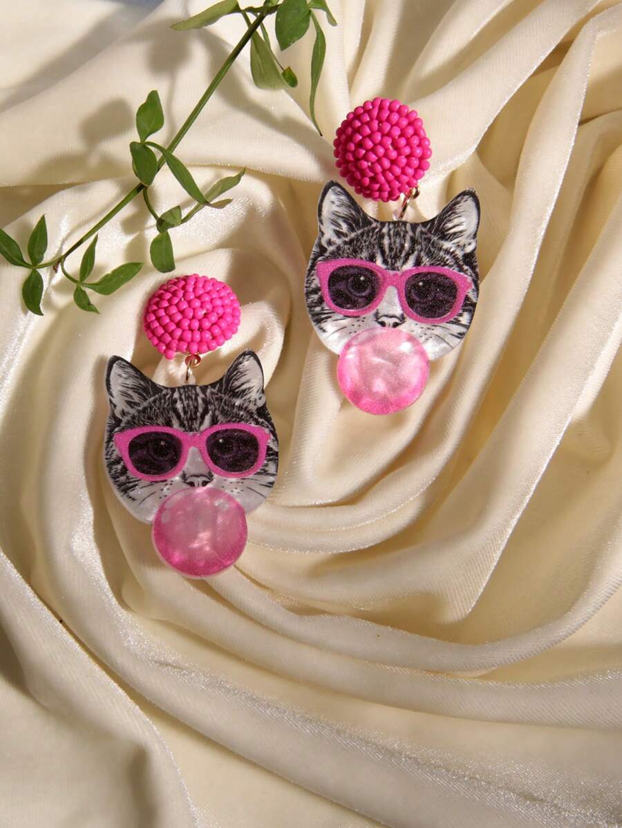 Pink Snail Funny Cute Statement Bubble Blowing Glasses Wearing Cat Design Acrylic Resin Drop Dangle Earrings For Women And Girls, Holidays, Valentines, Christmas, New Year, Birthday Gifts, Fashion Jewelry