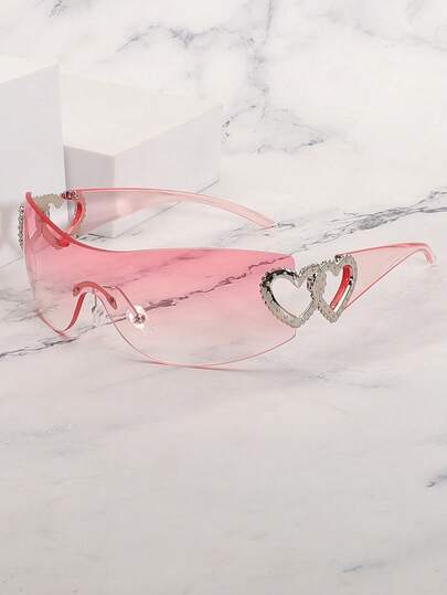 Frameless Metal Heart Decor Y2K Glasses, Women's Oversized Wrap, For Beach Party, Festival, Vacation, Preppy Back To School Style