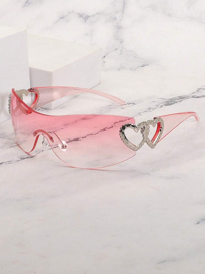 Frameless Metal Heart Decor Y2K Glasses, Women's Oversized Wrap, For Beach Party, Festival, Vacation, Preppy Back To School Style