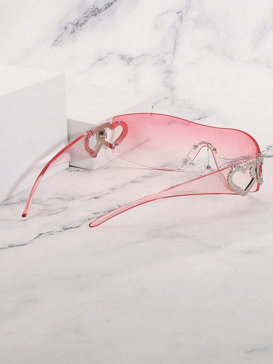 Frameless Metal Heart Decor Y2K Glasses, Women's Oversized Wrap, For Beach Party, Festival, Vacation, Preppy Back To School Style