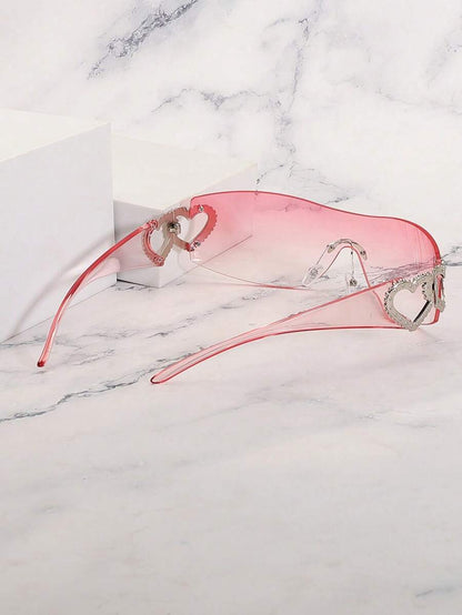 Frameless Metal Heart Decor Y2K Glasses, Women's Oversized Wrap, For Beach Party, Festival, Vacation, Preppy Back To School Style