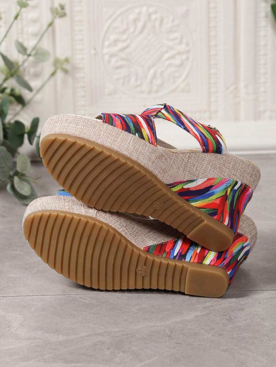 Women's Thick Sole Rainbow Printed Bohemian Open Toe Platform Sandals, Wedge Heeled, Anti-Slip, Versatile Beach Outdoor Vacation Shoes, 2025 Spring/Summer Collection