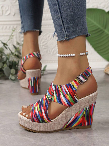 Women's Thick Sole Rainbow Printed Bohemian Open Toe Platform Sandals, Wedge Heeled, Anti-Slip, Versatile Beach Outdoor Vacation Shoes, 2025 Spring/Summer Collection