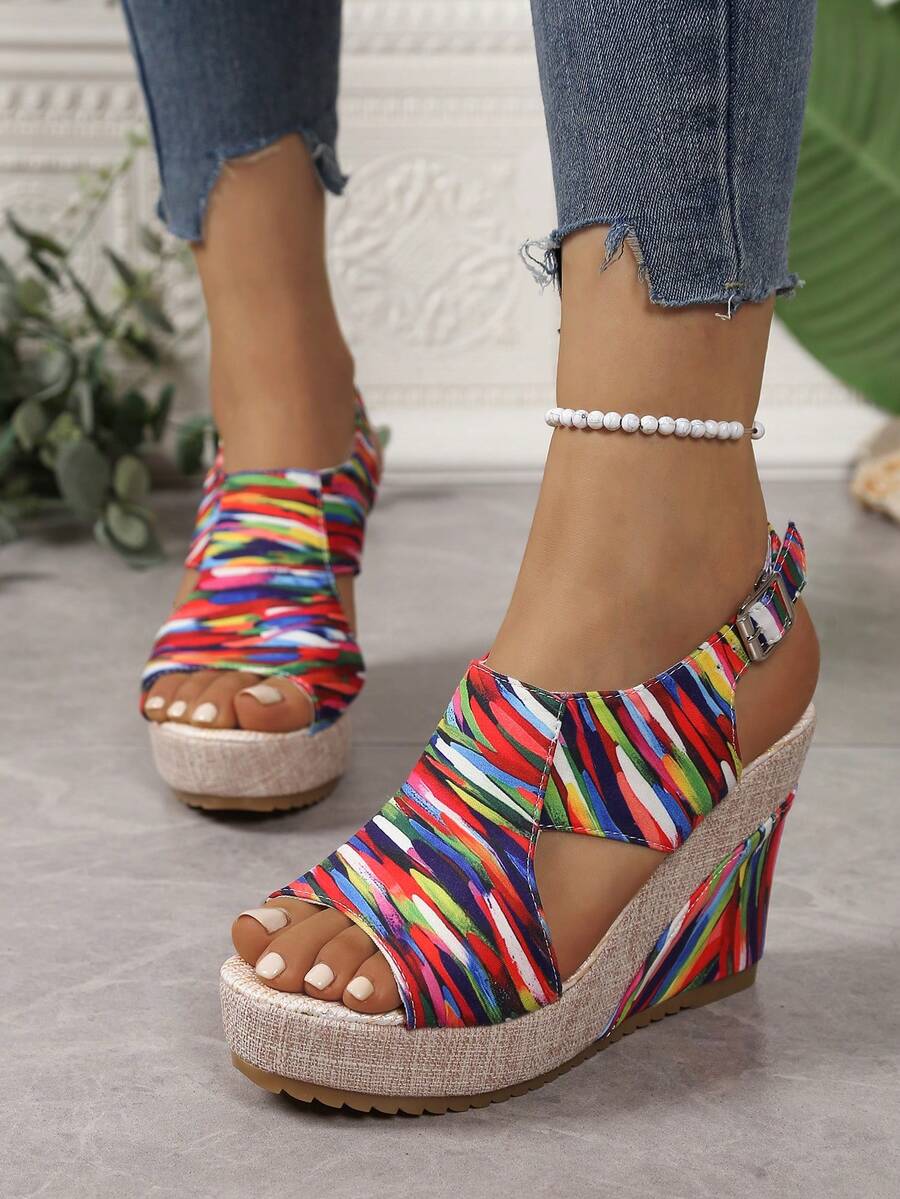 Women's Thick Sole Rainbow Printed Bohemian Open Toe Platform Sandals, Wedge Heeled, Anti-Slip, Versatile Beach Outdoor Vacation Shoes, 2025 Spring/Summer Collection