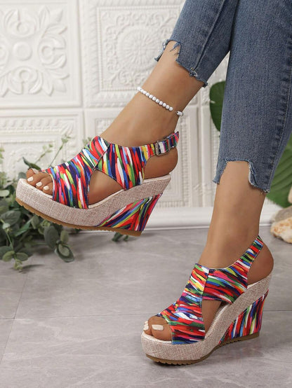 Women's Thick Sole Rainbow Printed Bohemian Open Toe Platform Sandals, Wedge Heeled, Anti-Slip, Versatile Beach Outdoor Vacation Shoes, 2025 Spring/Summer Collection
