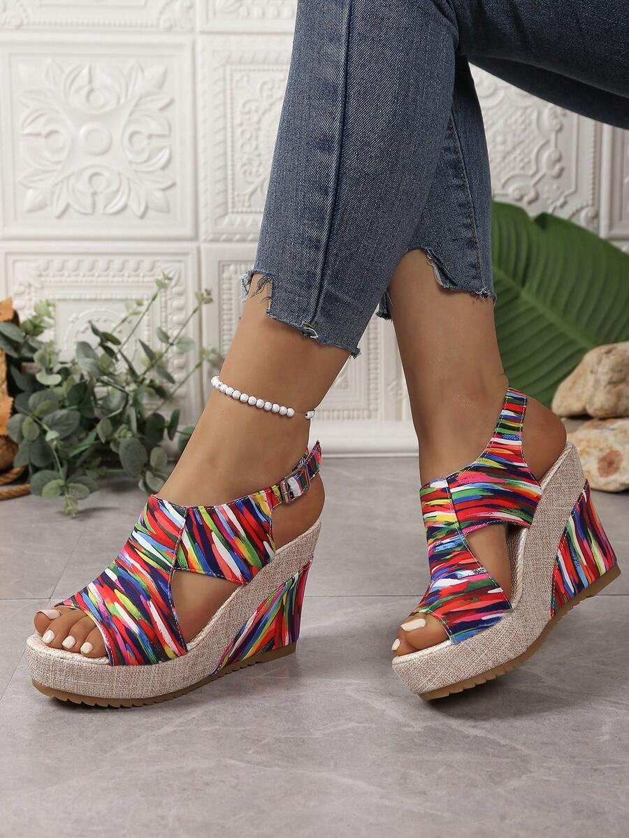 Women's Thick Sole Rainbow Printed Bohemian Open Toe Platform Sandals, Wedge Heeled, Anti-Slip, Versatile Beach Outdoor Vacation Shoes, 2025 Spring/Summer Collection